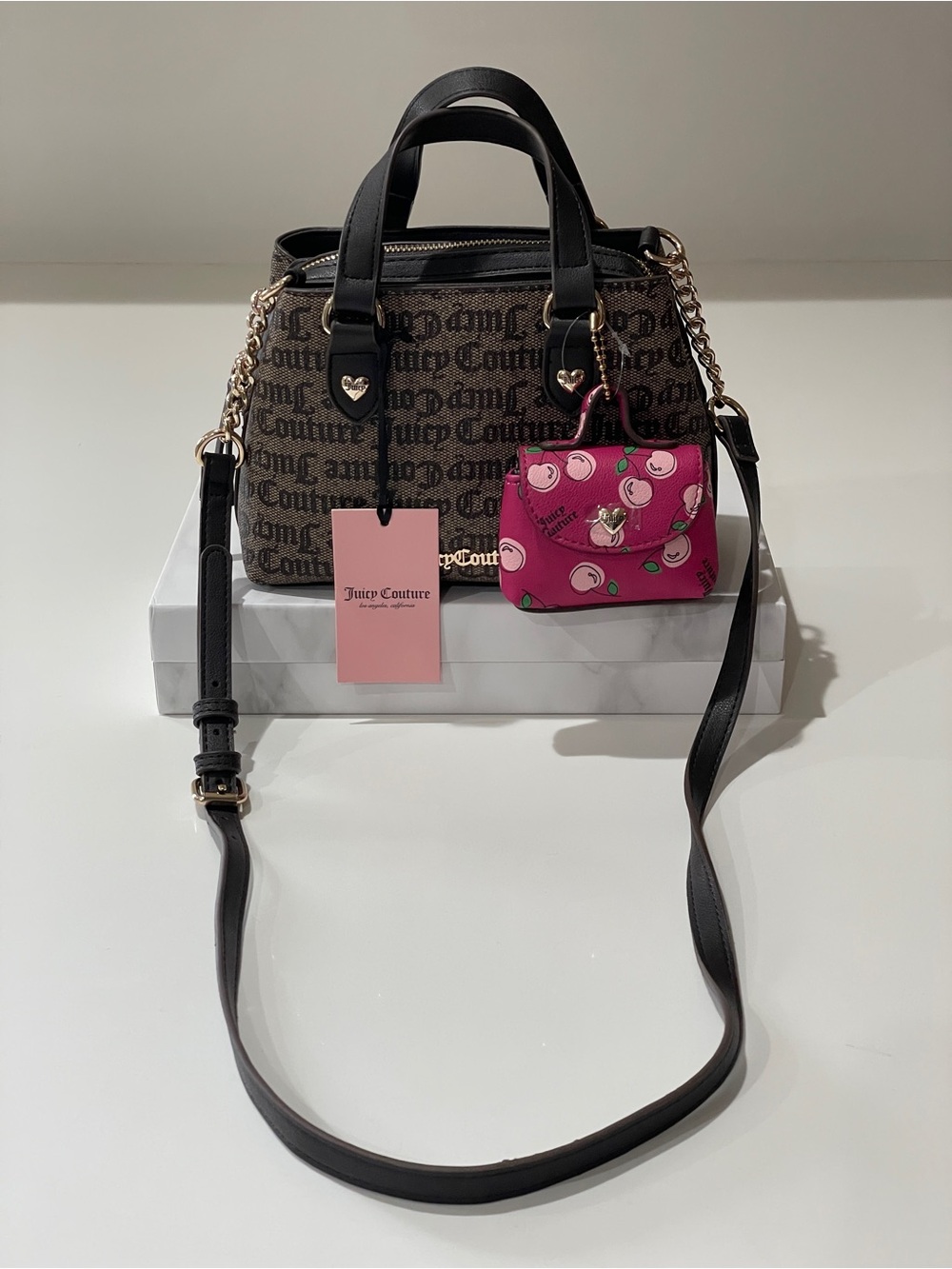 Juicy Couture Sweet Thing II Crossbody Taupe Dark Brown Bag & Pink Pouch Charm